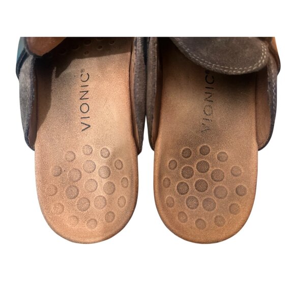 Sold Vionic Maude Suede Leather Mules Womens 9 Brown Logo Strap Orthopedic - Picture 7 of 10
